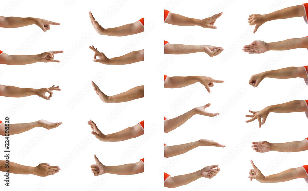 Multiple female hand gesture isolation on white background.