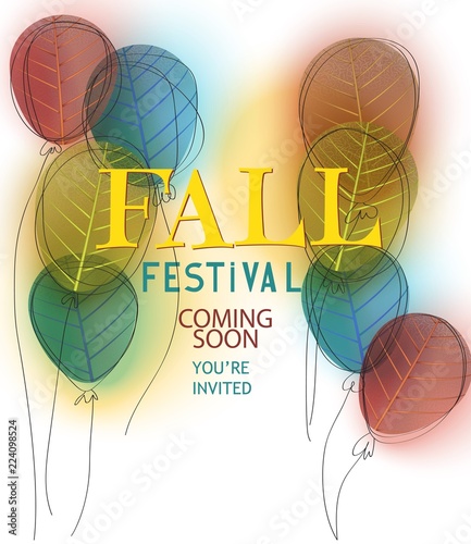 Fall festival announcement banner with doodle air balloons with leaf texture. Vector illustration