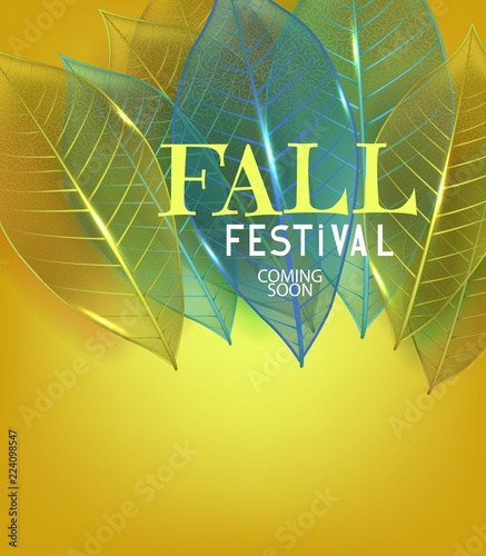 Fall festival announcement banner with yellow and blue skeleton leaves. Vector illustration