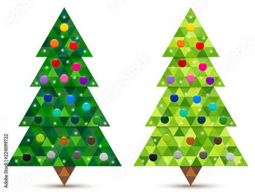 Abstract decorated coniferous trees with colorful baubles consisting of triangles. Two shades of green. Vector EPS 10