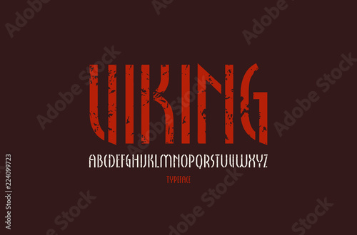 Stencil-plate narrow sans serif font in new gothic style