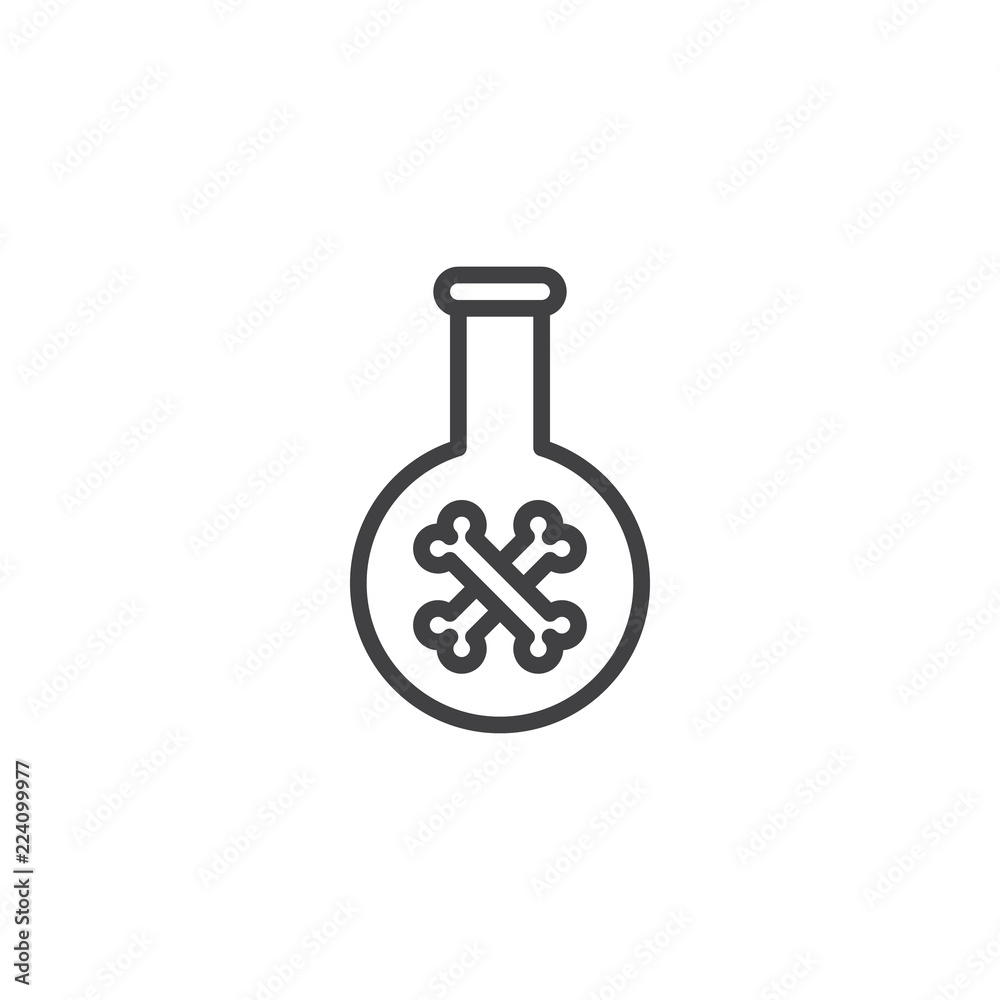 Poison flask outline icon. linear style sign for mobile concept and web design. Halloween test tube with crossed bones simple line vector icon. Symbol, logo illustration. Pixel perfect vector graphics Poison flask outline icon. linear style sign for mobile concept and web design. Halloween test tube with crossed bones simple line vector icon. Symbol, logo illustration. Pixel perfect vector graphics