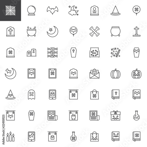 Halloween elements outline icons set. linear style symbols collection, line signs pack. vector graphics. Set includes icons as Spider web, Magic ball, Flying bat, Tombstone, Pumpkin face, Coffin, Moon