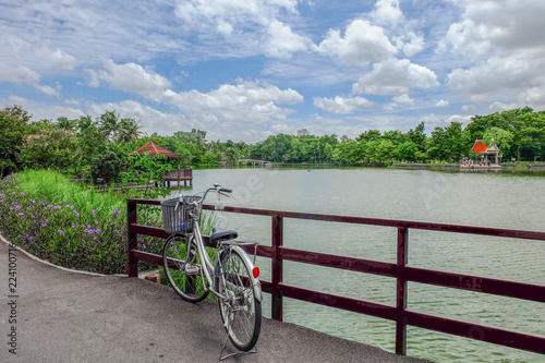 Bicycle parking on the wood bridge at the river., thailand.