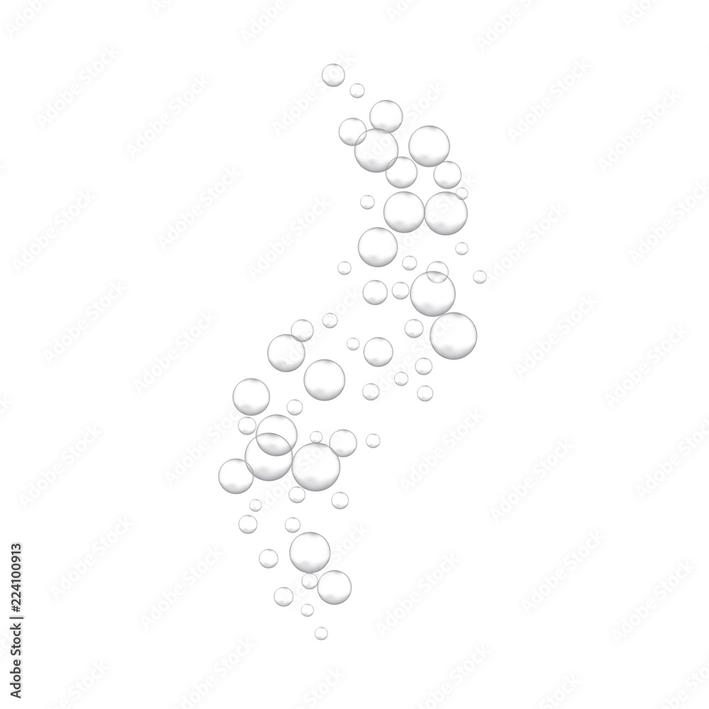 Effervescent water fizzing bubbles on white background. Fizzy sparkles.