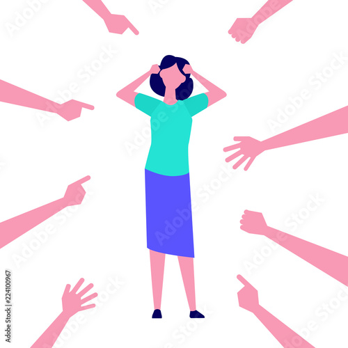 Depressed, frustrated girl. Victim women,  bullying employee, accusation. Vector illustration.