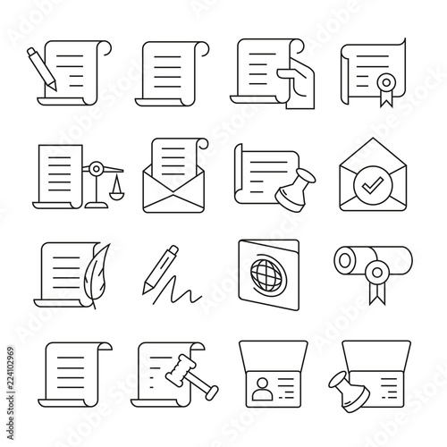 legal documents and certificate icons on white background