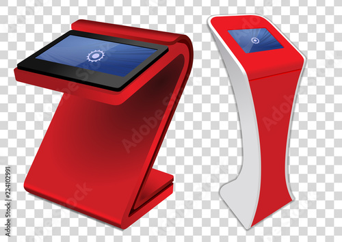 Two red Promotional Interactive Information Kiosk, Advertising Display, Terminal Stand, Touch Screen Display. Mock Up Template.