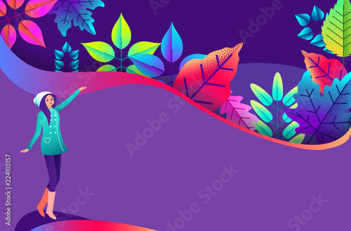 Girl walks with umbrella. Purple poster with colorful leaves.