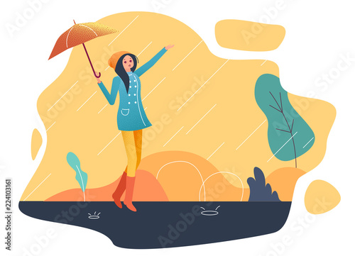 Poster with girl with umbrella walks in the rain.