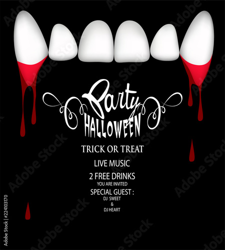 Halloween party invitation card with vampire teeth and blood . Vector Illustration