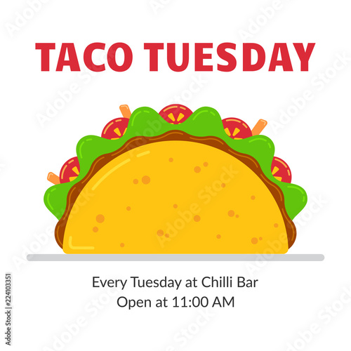 Traditional mexican fastfood taco tuesday poster. Tasty beef meat, salad, tomato and carrot sticks in delicious tacos with sign Taco Tuesday. Vector illustration for food truck or restaurant party.