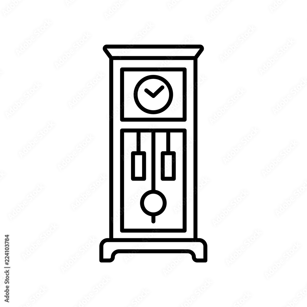 Vector illustration of old floor clock. Line icon of vintage large wooden grandfahter clock with pendulum. Isolated on white background. Vector illustration of old floor clock. Line icon of vintage large wooden grandfahter clock with pendulum. Isolated on white background.