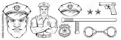 policeman standing in a different pose, weapon, police officer in uniform, officer logo, officer hat, gun, professional police character, handgun, vector graphics to design