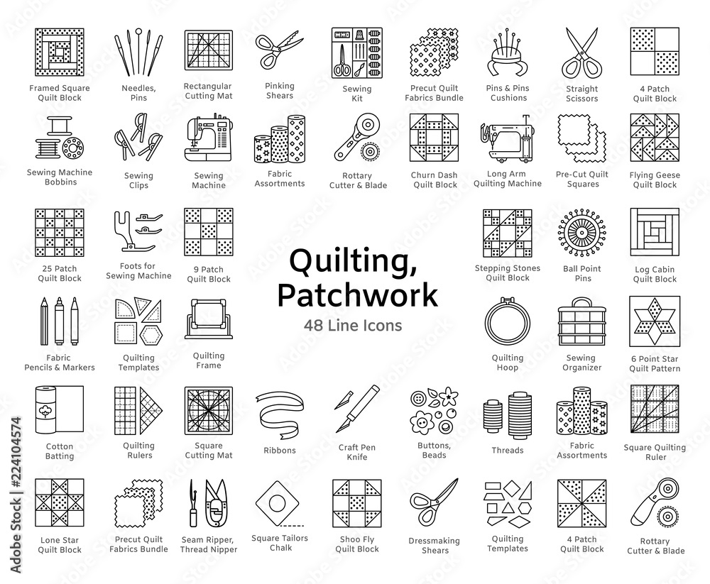 Quilting & patchwork. Supplies and accessories for sewing quilts from  fabric squares & blocks. Different tools, patterns for quilters. Vector  line icon set. Isolated on white background. Stock Vector