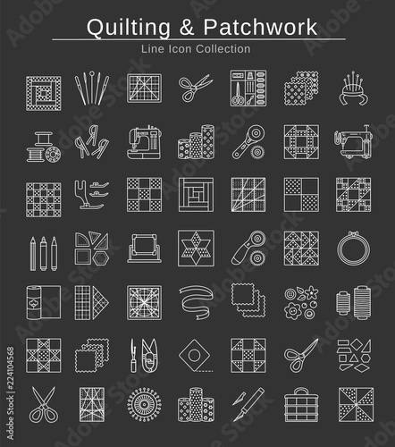 Quilting & patchwork. Supplies and accessories for sewing quilts from fabric squares & blocks. Different tools, patterns for quilters. Vector line icon set. Isolated on black background.