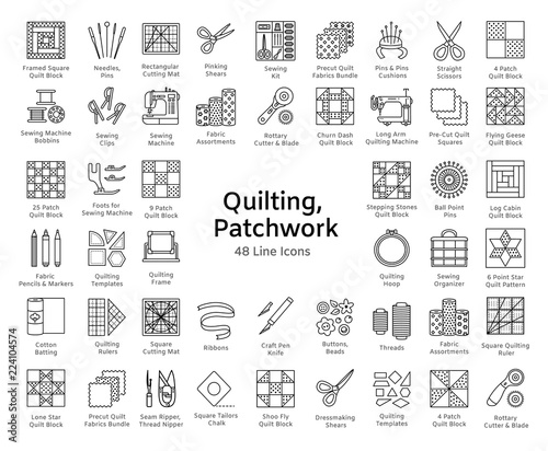 Quilting & patchwork. Supplies and accessories for sewing quilts from fabric squares & blocks. Different tools, patterns for quilters. Vector line icon set. Isolated on white background.