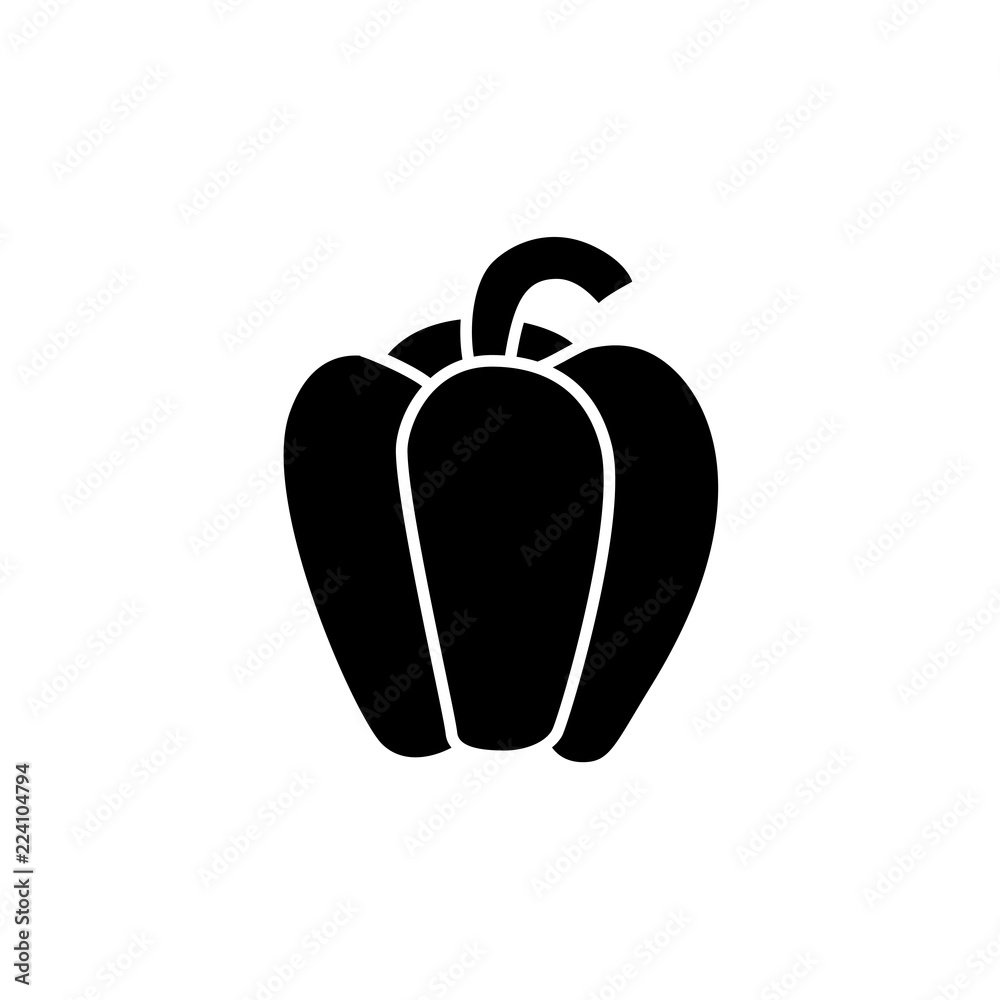 Black & white vector illustration of bell pepper vegetable. Flat icon of fresh organic sweet pepper veggie. Vegan & vegetarian food. Isolated object on white background. Black & white vector illustration of bell pepper vegetable. Flat icon of fresh organic sweet pepper veggie. Vegan & vegetarian food. Isolated object on white background.