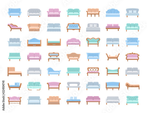 Sofas & Couches. Living room & patio furniture. Vector icons. Front view. Pastel colors.