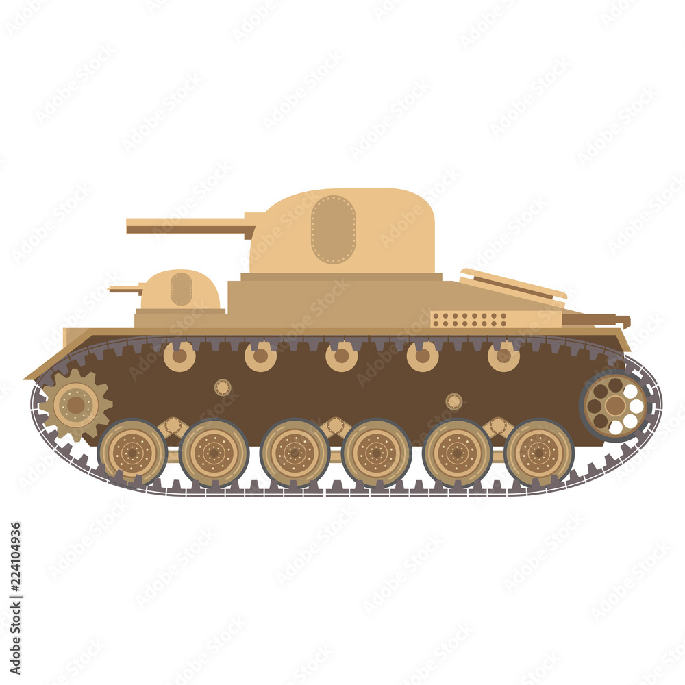 Multitower medium battle tank with the gun and a machine gun.Caterpillar fighting military armored vehicle.Army equipment.For the websites and games.Vector in flat .Multi-turreted.Artillery cannon Multitower medium battle tank with the gun and a machine gun.Caterpillar fighting military armored vehicle.Army equipment.For the websites and games.Vector in flat .Multi-turreted.Artillery cannon