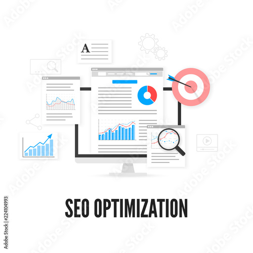 SEO optimization concept. Web analytics design. Search engine optimization. Vector illustration
