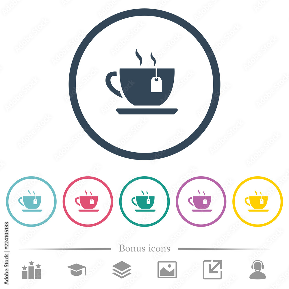 Cup of tea with teabag flat color icons in round outlines Cup of tea with teabag flat color icons in round outlines