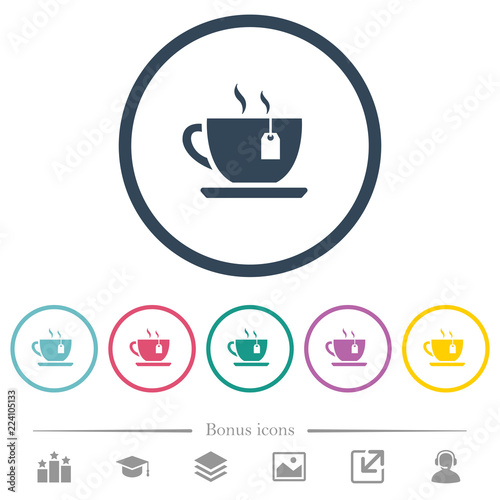 Cup of tea with teabag flat color icons in round outlines