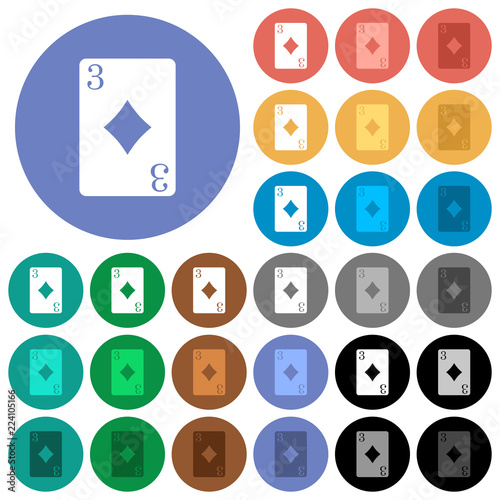 Three of diamonds card round flat multi colored icons