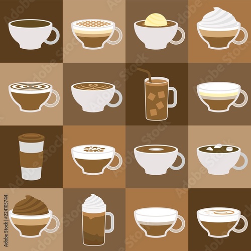 different types of coffee menu in flat design