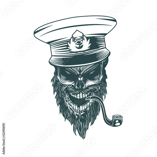 Skull captain with a pipe. Monochrome hand drawn tatoo style