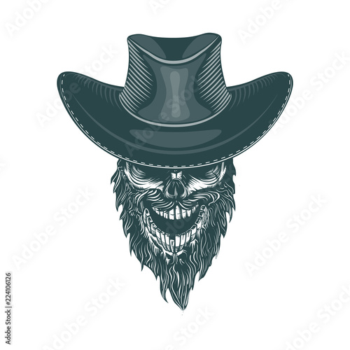 Bearded Cowboy in a Hat, Monochrome hand drawn tatoo style