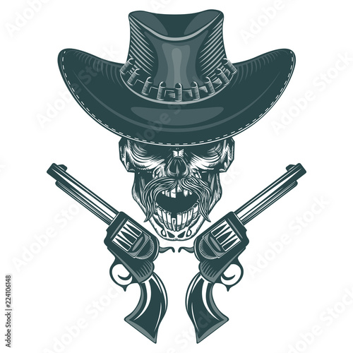 Skull of a mustached cowboy with pistols. Monochrome hand drawn tatoo style