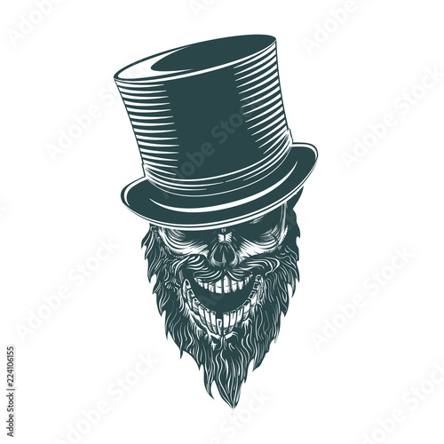 The gentleman's skull in the cylinder. Monochrome hand drawn tatoo style