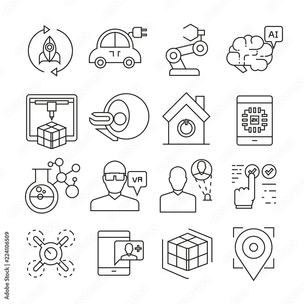 modern and smart technology icons outline on white background