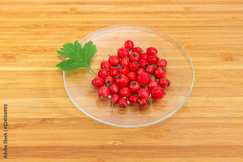 Fruits and leaf of the hawthorn on glass saucer Fruits and leaf of the hawthorn on glass saucer