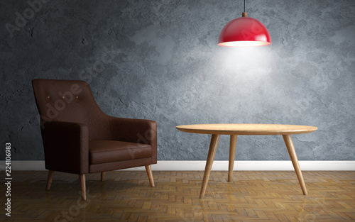 Fototapeta Naklejka Na Ścianę i Meble -  Interior with leather armchair, ceiling lamp and side table. 3d rendering