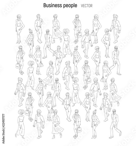 People crowd vevtor. Sketch outline black and white style illustration of young men and woman. Street style casual fashion isolated on white background.