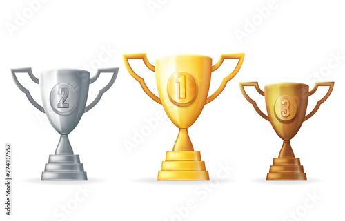 Gold silver copper victory award cup prize realistic 3d trophy icons isolated design vector illustration