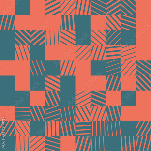 Modern abstract geometric vector background. Trendy vivid fashionable texture. Rectangular colorful seamless pattern with random striped blocks. Element of design.