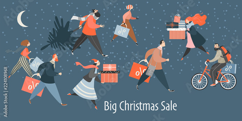 Banner with people hurrying for a great Christmas sale.  Men and women are buying gifts. Vector illustration in cartoon style