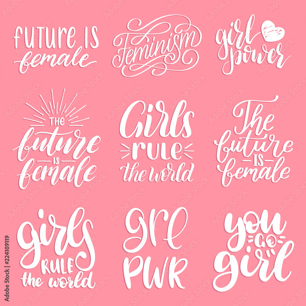 Girls Rule The World, Future Is Female etc, handwritten phrases set.Vector calligraphic collection for feminist movement Girls Rule The World, Future Is Female etc, handwritten phrases set.Vector calligraphic collection for feminist movement