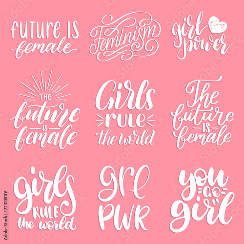 Girls Rule The World, Future Is Female etc, handwritten phrases set.Vector calligraphic collection for feminist movement