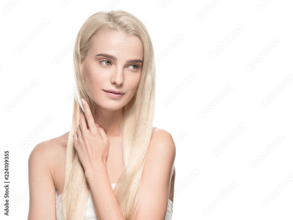 Blonde hair woman with long hair with healthy skin and hair isolated on white Blonde hair woman with long hair with healthy skin and hair isolated on white