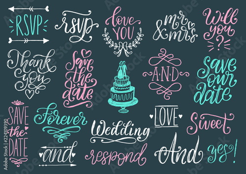 Drawn wedding set of laurels, rings, flowers, hearts etc.Vector handwritten phrases collection Save The Date, RSVP, Love