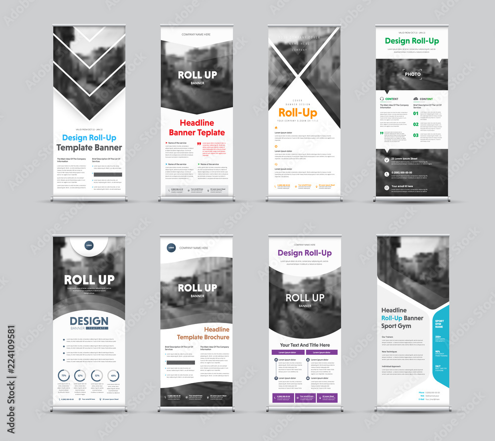 Set of vector templates of white roll-up banners with place for photo.