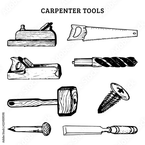 Vector drawing of carpentry tools. Illustration of wood works equipment elements.