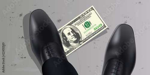 Un homme trouve un billet de cent dollars par terre et met le pied dessus