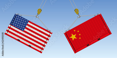 Illustration du choc entre deux conteneurs de marchandise, symbole de la guerre commerciale entre les États-Unis et la Chine. photo