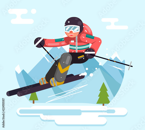Skier riding high speed mountain winter mountains vacation skiing flat design vector illustration