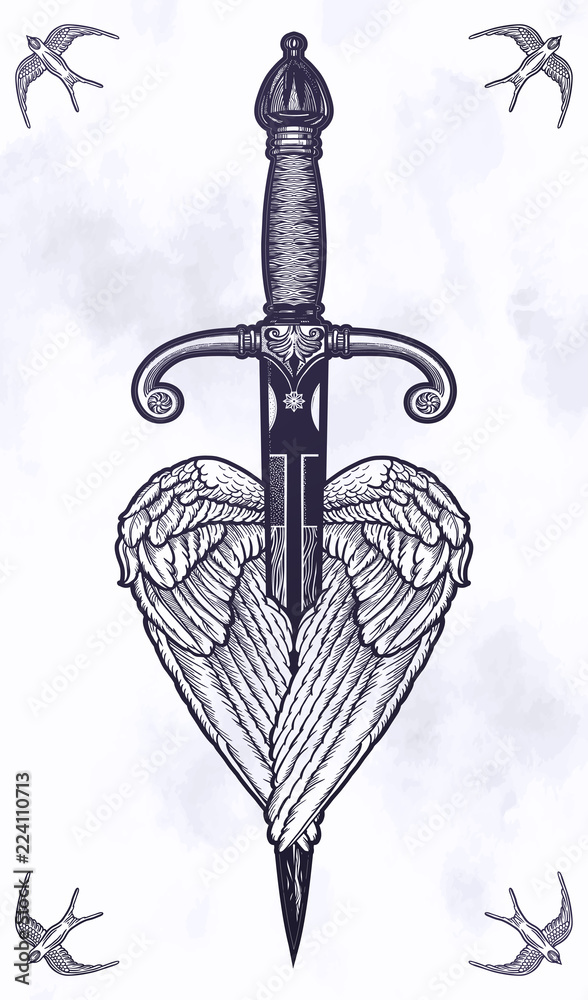 Traditional tattoo wings with knife.